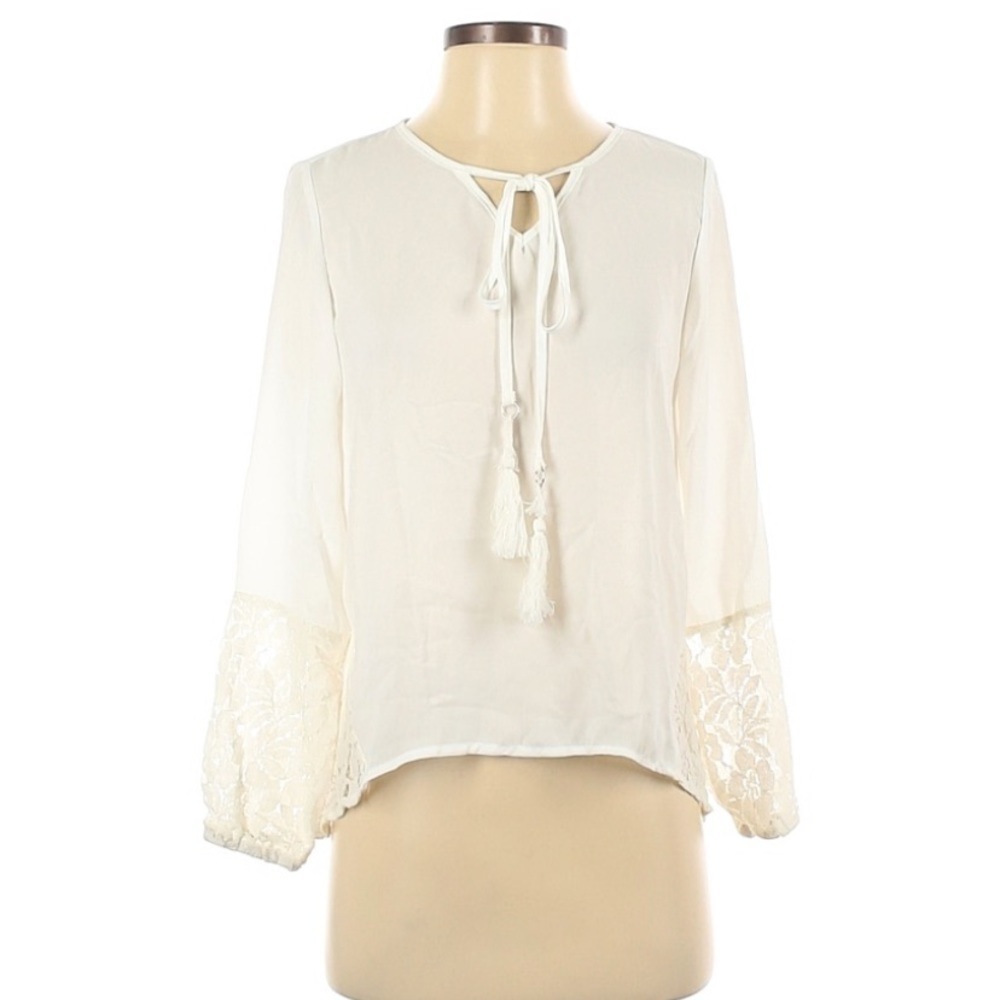 haoduoyi white Tie Front Top Embroidered Sleeves boho